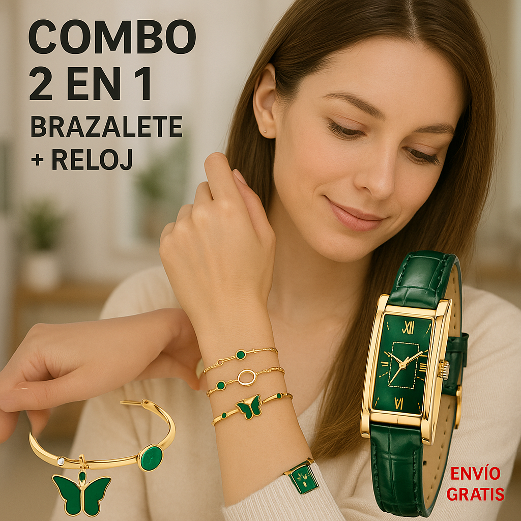 RELOJ DE MUJER RECTANGULAR + PULSERAS