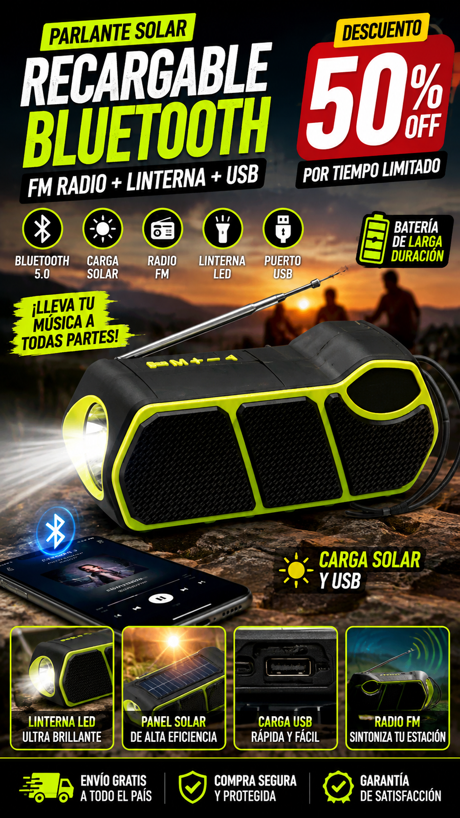 PARLANTE SOLAR RECARGABLE BLUETOOTH FM RADIO + LINTERNA USB