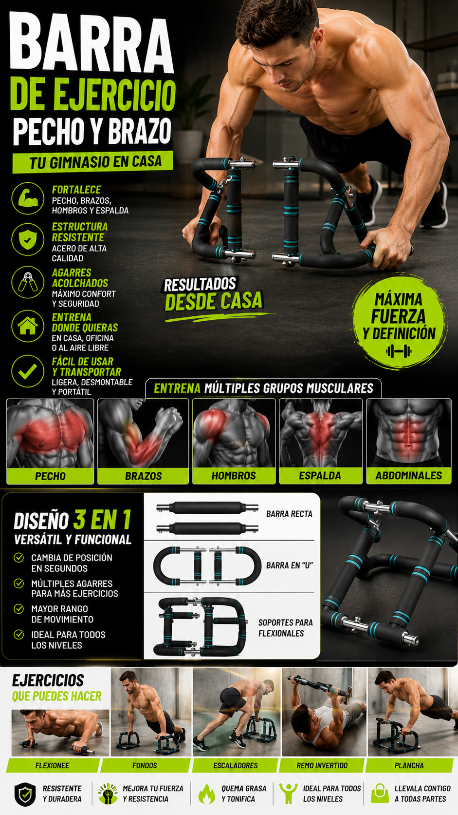 BARRA DE EJERCICIO PECHO Y BRAZO MULTIFUNCIONAL