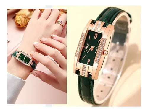 RELOJ DE MUJER RECTANGULAR + PULSERAS